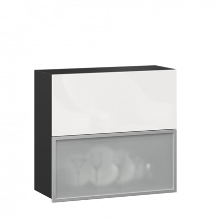 Кухонный навесной шкаф 800 горизонтальный, Шервуд, ЛД 281.981.000.088, со стеклом, черный/белый глянец в Южно-Сахалинске - изображение