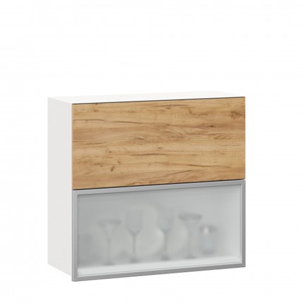Кухонный шкаф 800 горизонтальный, Шервуд, ЛД 281.981.000.137, со стеклом, белый/дуб золотой в Южно-Сахалинске - изображение