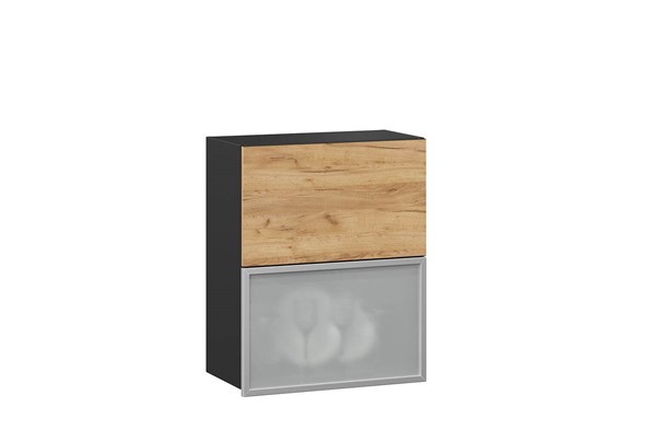Шкаф кухонный горизонтальный 600 Шервуд, ЛД 281.971.000.047, со стеклом, дуб золотой/черный в Южно-Сахалинске - изображение