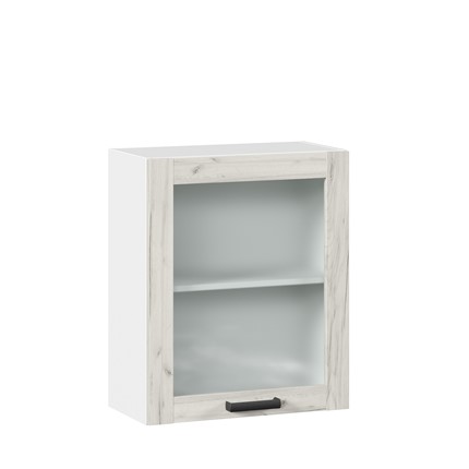 Кухонный навесной шкаф 600 со стеклом Винченца ЛД 234.350.000.031, Белый/Дуб Крафт белый в Южно-Сахалинске - изображение