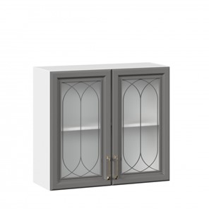 Кухонный навесной шкаф Джелатто 800 со стеклом ЛД 241.360.000.107, Белый/Оникс серый в Южно-Сахалинске - предосмотр