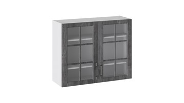Навесной шкаф Прованс (Белый глянец/Санторини темный) со стеклом В_72-90_2ДРс в Южно-Сахалинске - предосмотр