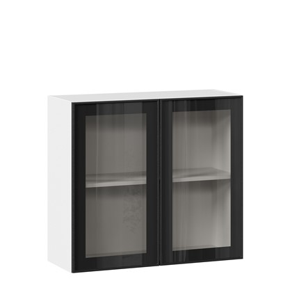 Кухонный шкаф со стеклом 800 Индиго ЛД 298.360.000.023, Белый/Чёрный в Южно-Сахалинске - изображение